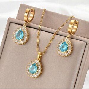 Cubic Zirconia Teardrop Stainless Steel Chain Necklace and Earrings Set
